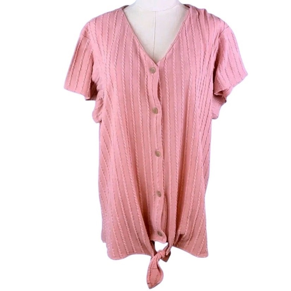 Weatherproof Vintage Button Up Top Pink Cable Knit Tie Front XXL